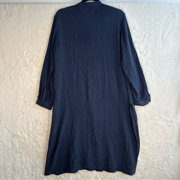 Eileen Fisher Accordion Silk Jacquard Mandarin Collar Long Shirt Medium Blue - Picture 7 of 10